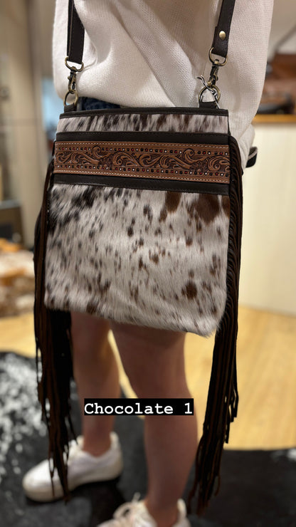 Hand Painted Tooling Leather Medium Sling Cowhide Bag With Fringes – AB72