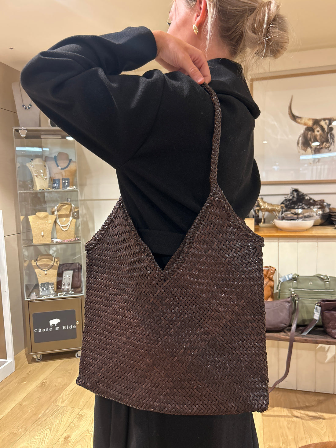 Chocolate Leather weave tote bag
