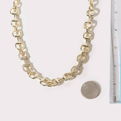 Gold Horsebit CZ Pave Link Necklace