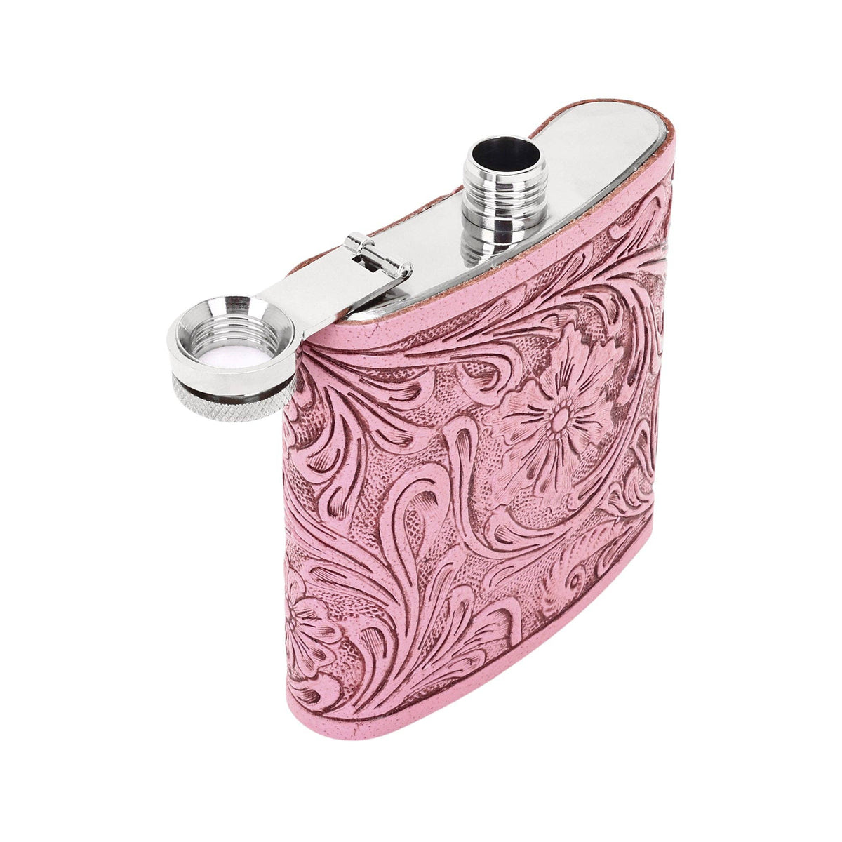 Mountain Trail Flask in pink with hand tooled leather, 6 oz