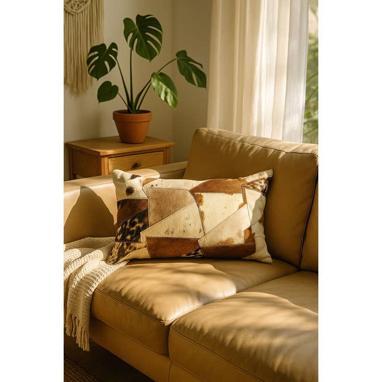 Boho Rustic Cowhide Lumbar Cushion – Handmade Patchwork