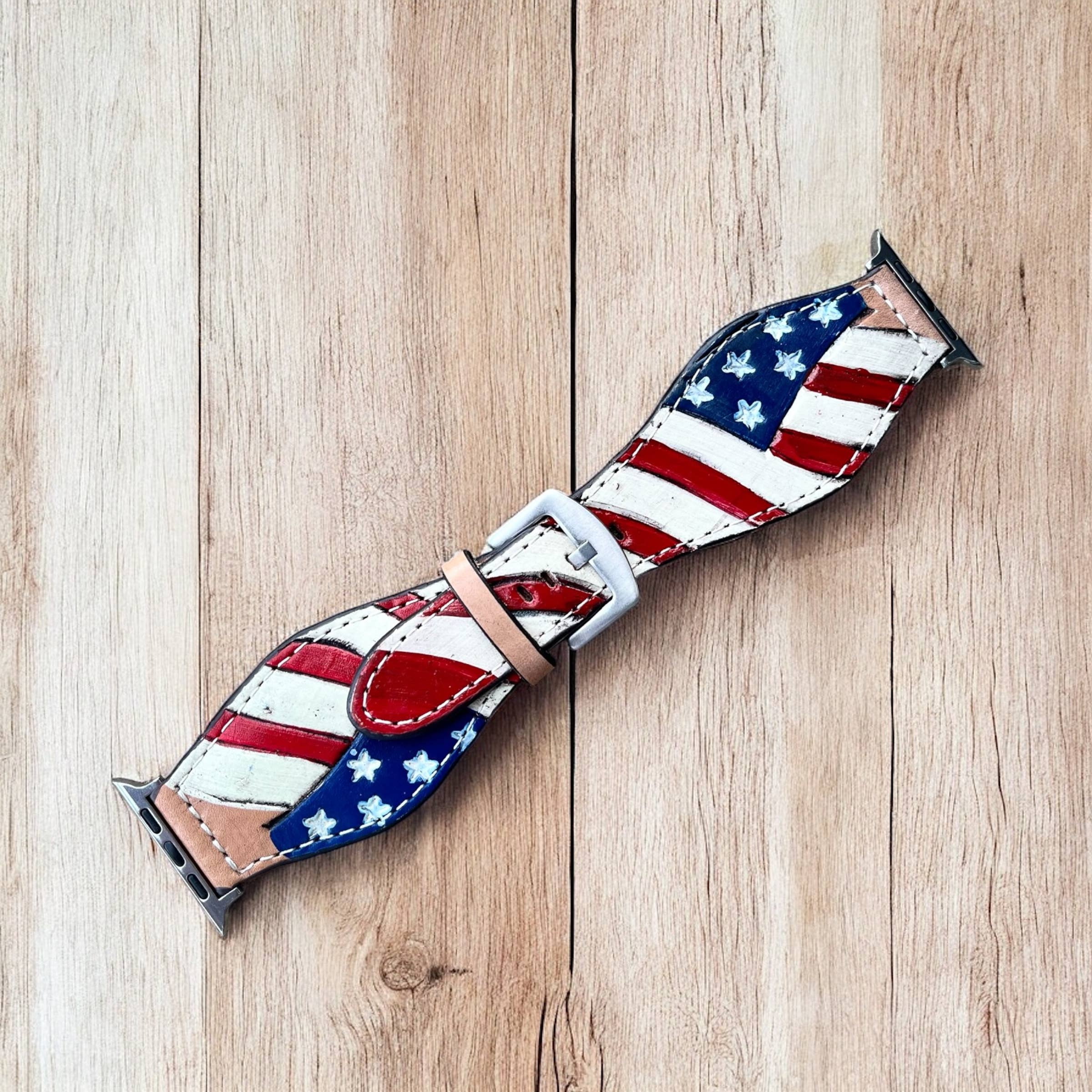 45mm American flag tooled leather Apple Watch band 