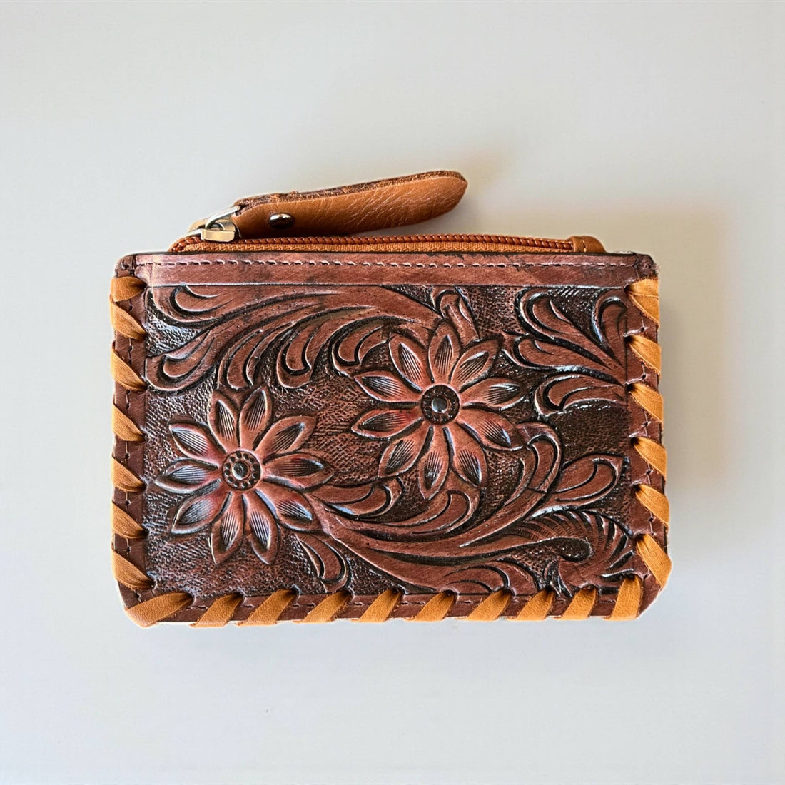 Blossom tooled leather & cowhide coin pouch