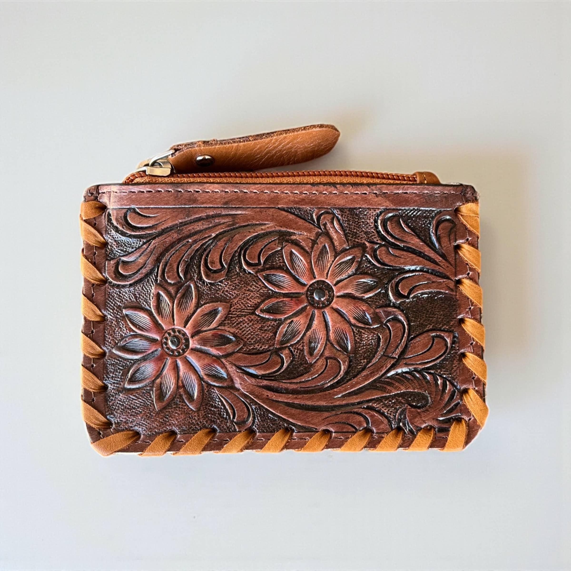 Blossom tooled leather &amp; cowhide coin pouch 