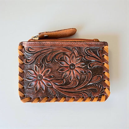 Blossom tooled leather &amp; cowhide coin pouch 