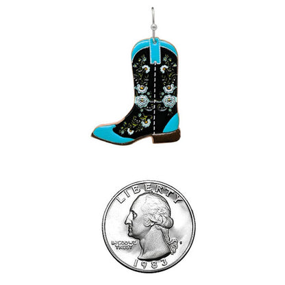Cowboy Boots Floral Pattern Leather Hook Earrings