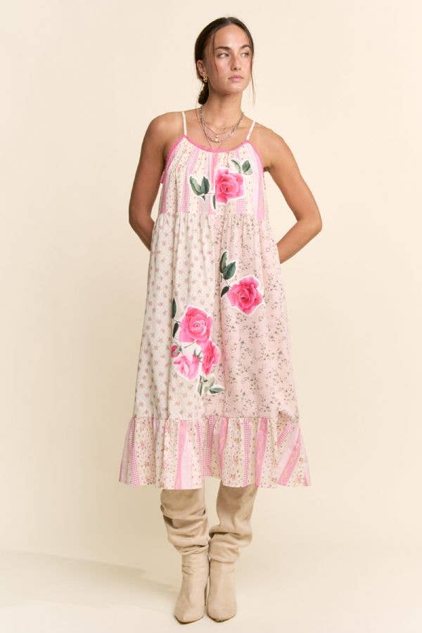 Rose Patchwork Print Ruffle Hem Trapeze Midi Dress