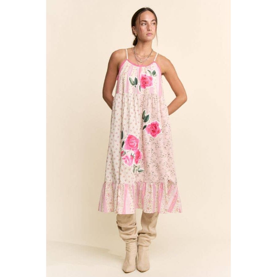 Rose Patchwork Print Ruffle Hem Trapeze Midi Dress