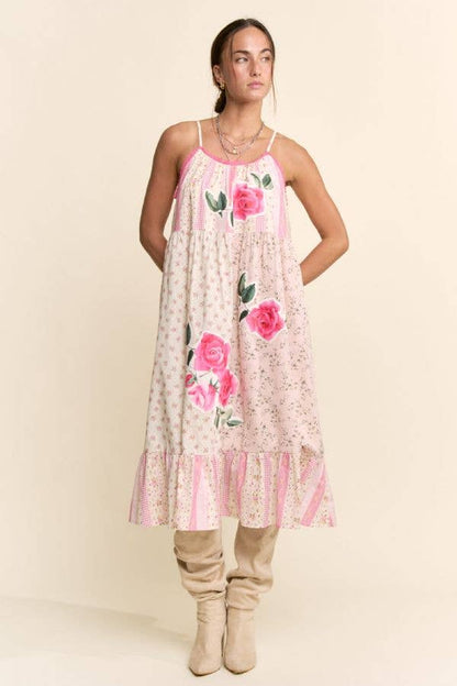 Rose Patchwork Print Ruffle Hem Trapeze Midi Dress