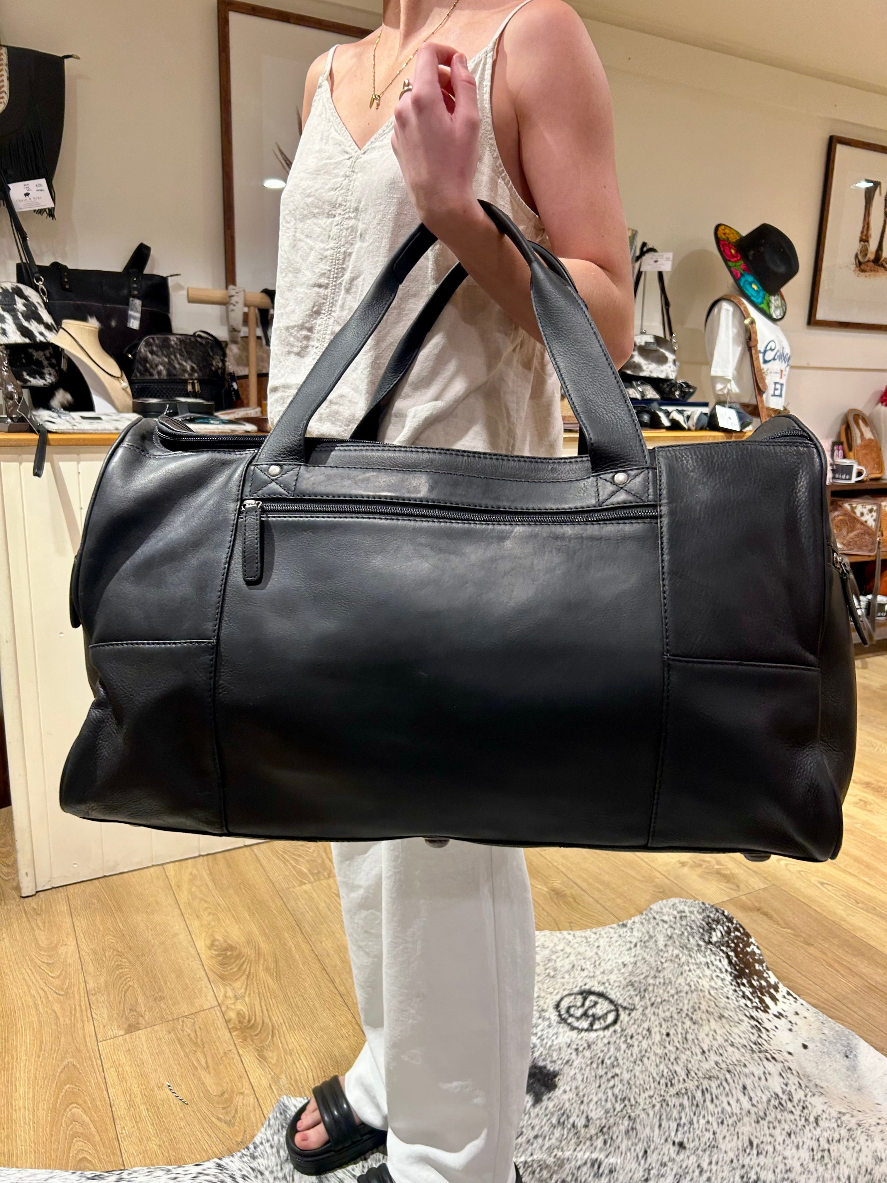 Black Leather Overnight Bag 