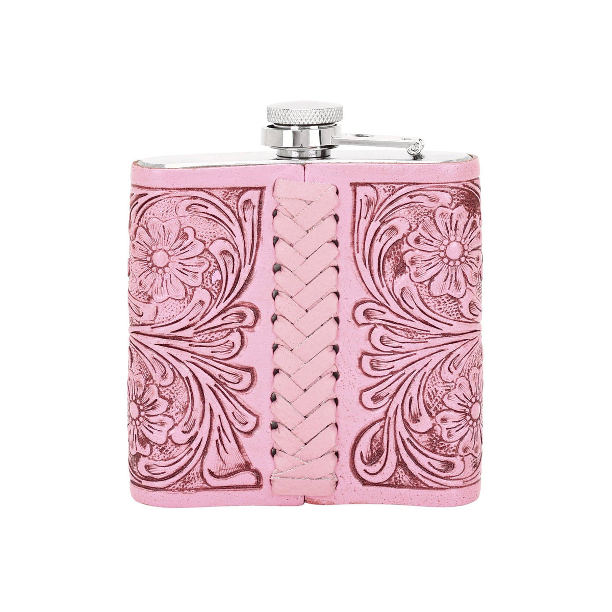 Mountain Trail Flask in pink with hand tooled leather, 6 oz