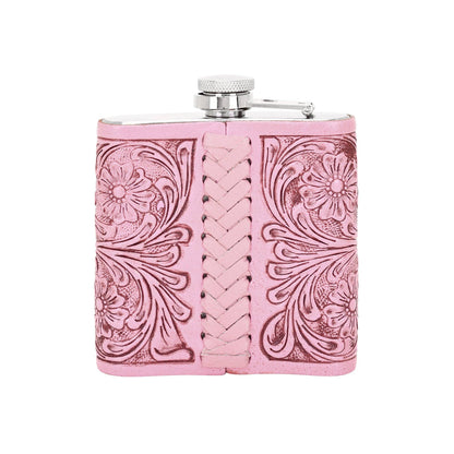 Mountain Trail Flask in pink with hand tooled leather, 6 oz