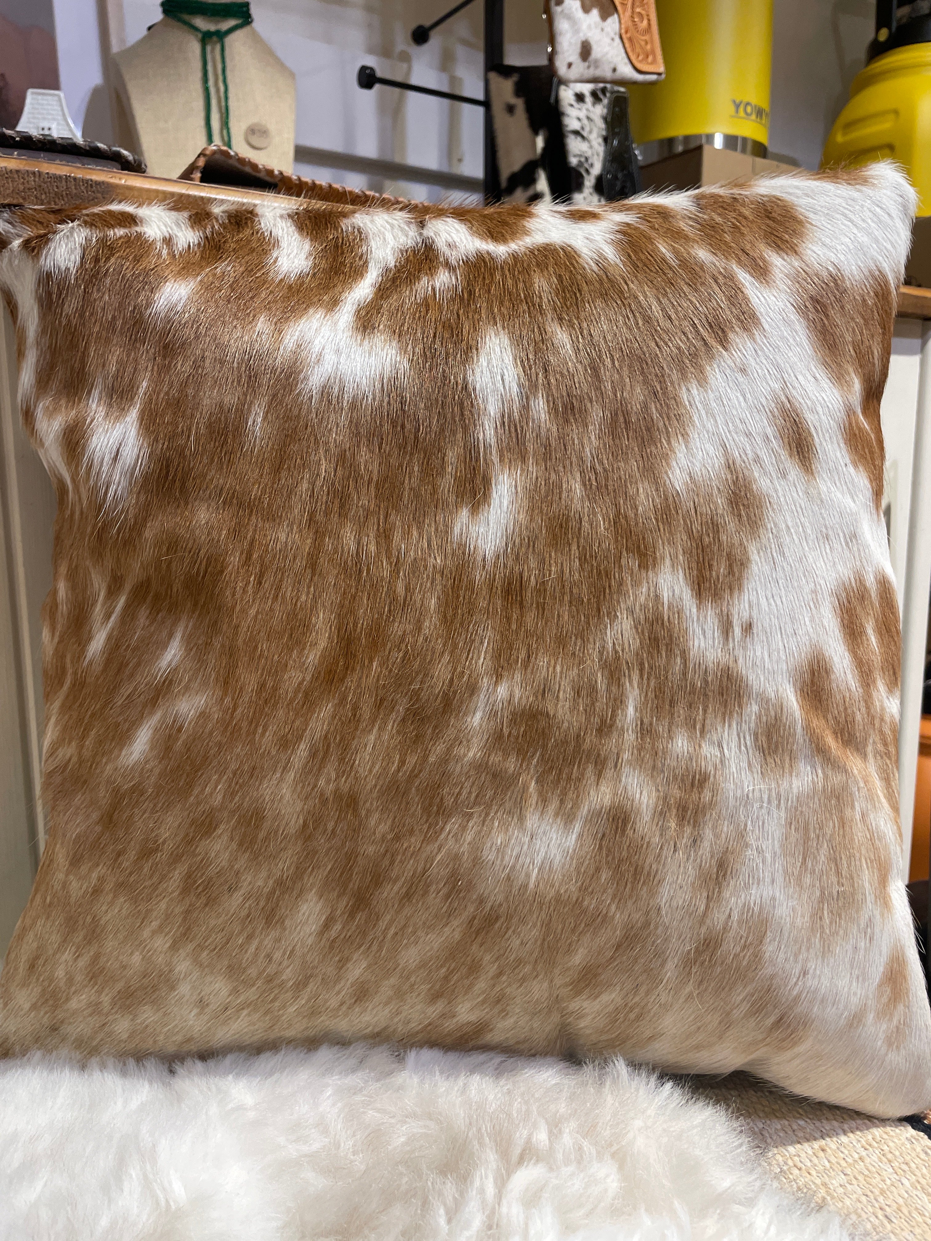 Cowhide Cushion Cover with Leather Back | 40x40cm Genuine Cowhide Pillow | Rustic Western Home Decor
