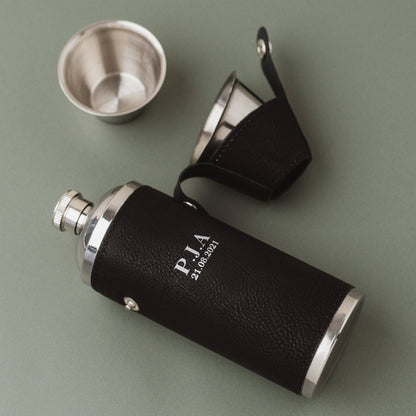 Hunters Flask With Shot Cups - Black / Silver