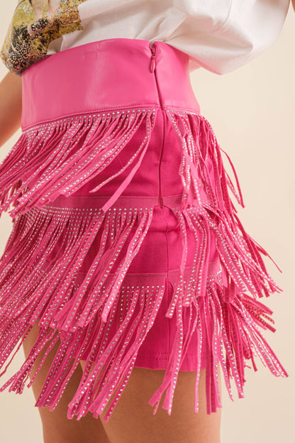 Festival Leather Waist Tiered Fringe Studded Short