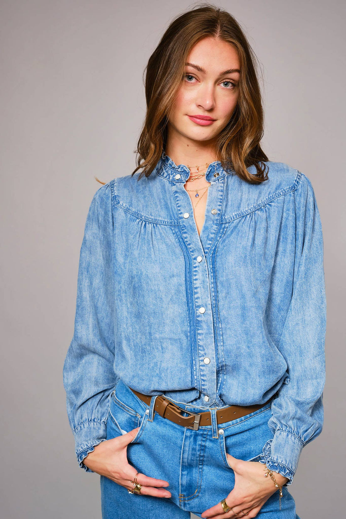 Ruffle Neck Denim Snap Button Shirt