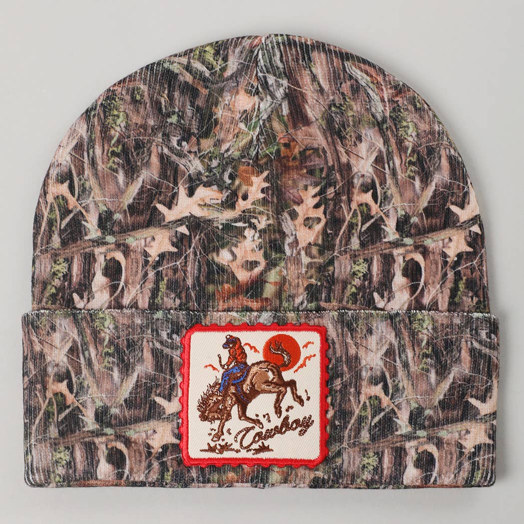 Rodeo Cowboy Embroidered Patch Camo Beanie