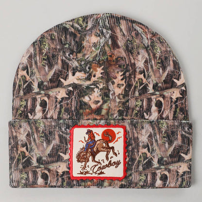 Rodeo Cowboy Embroidered Patch Camo Beanie