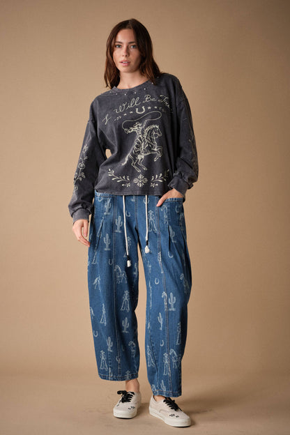 Western Print Barrel Denim Pants