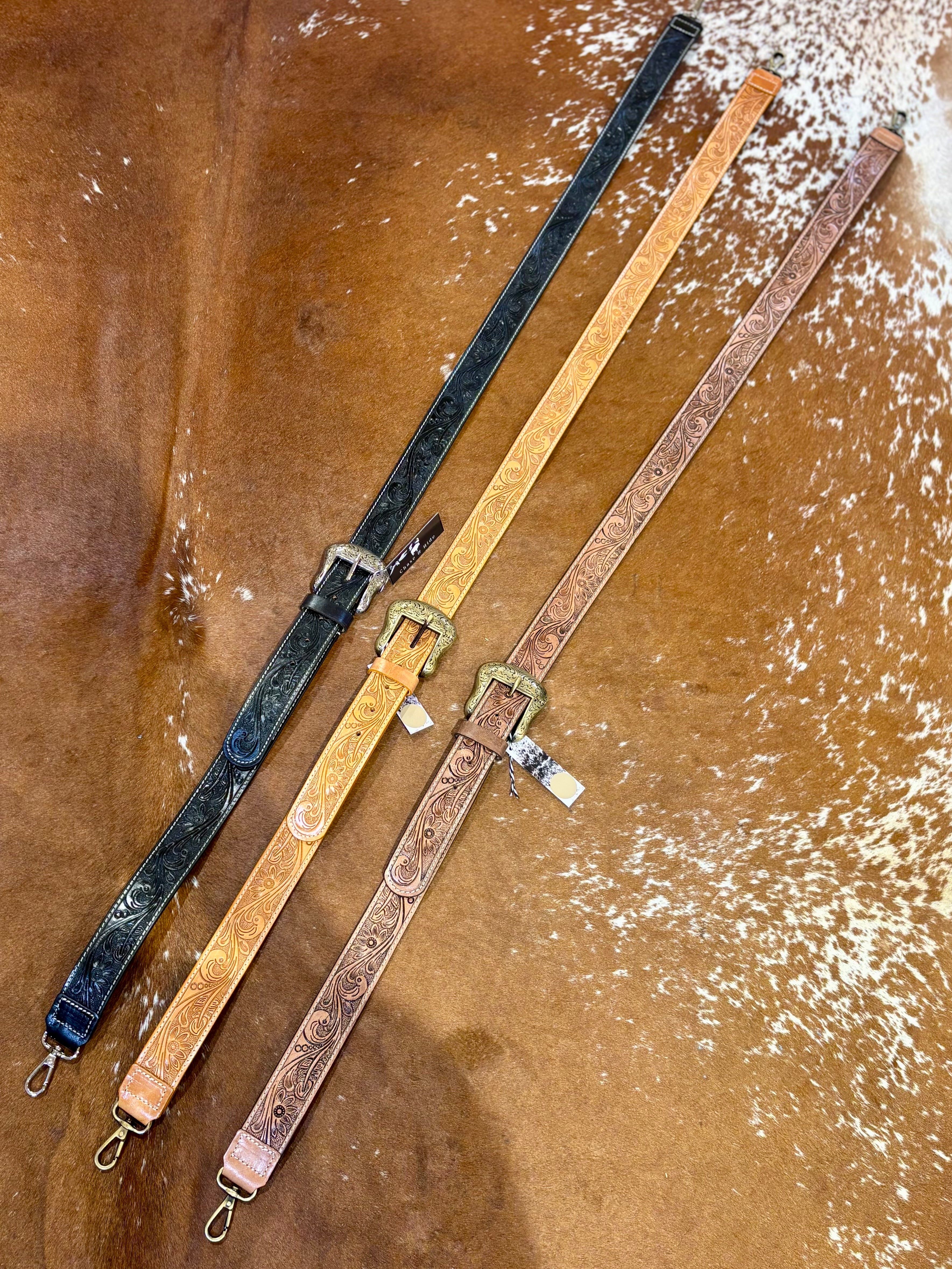 Tooled buckle bag strap 