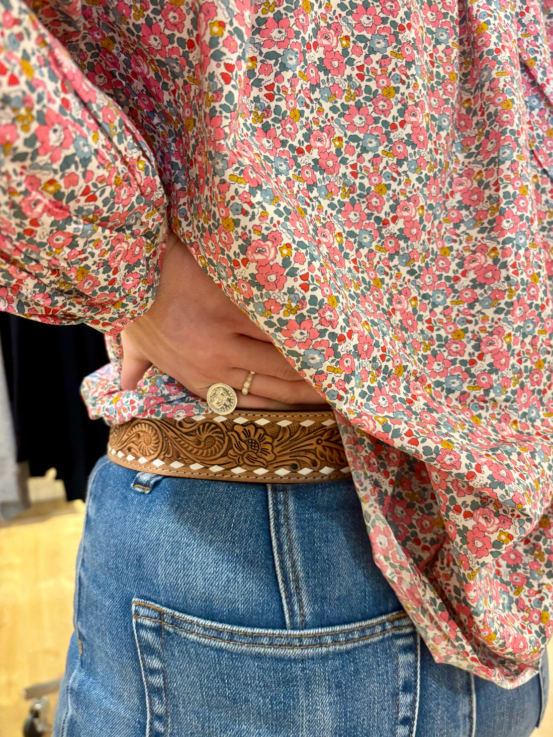 Chocolate Buck stitched tooled leather belt 