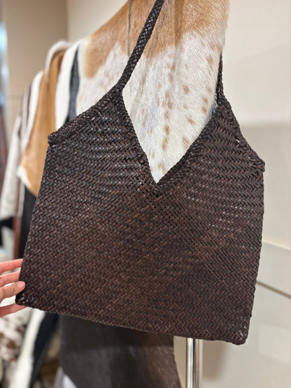 Chocolate Leather weave tote bag 
