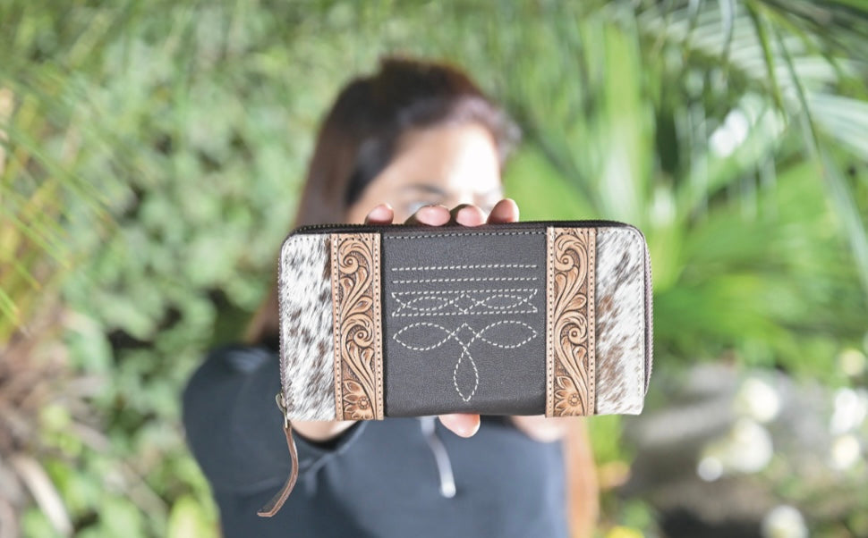 Cowhide and tooling leather boot stitch zippered wallet