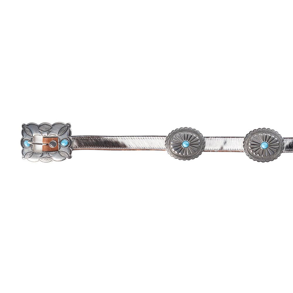 Floracrest Hairon Concho Belt for Women with Handtooling and Turquoise Stone Buckle