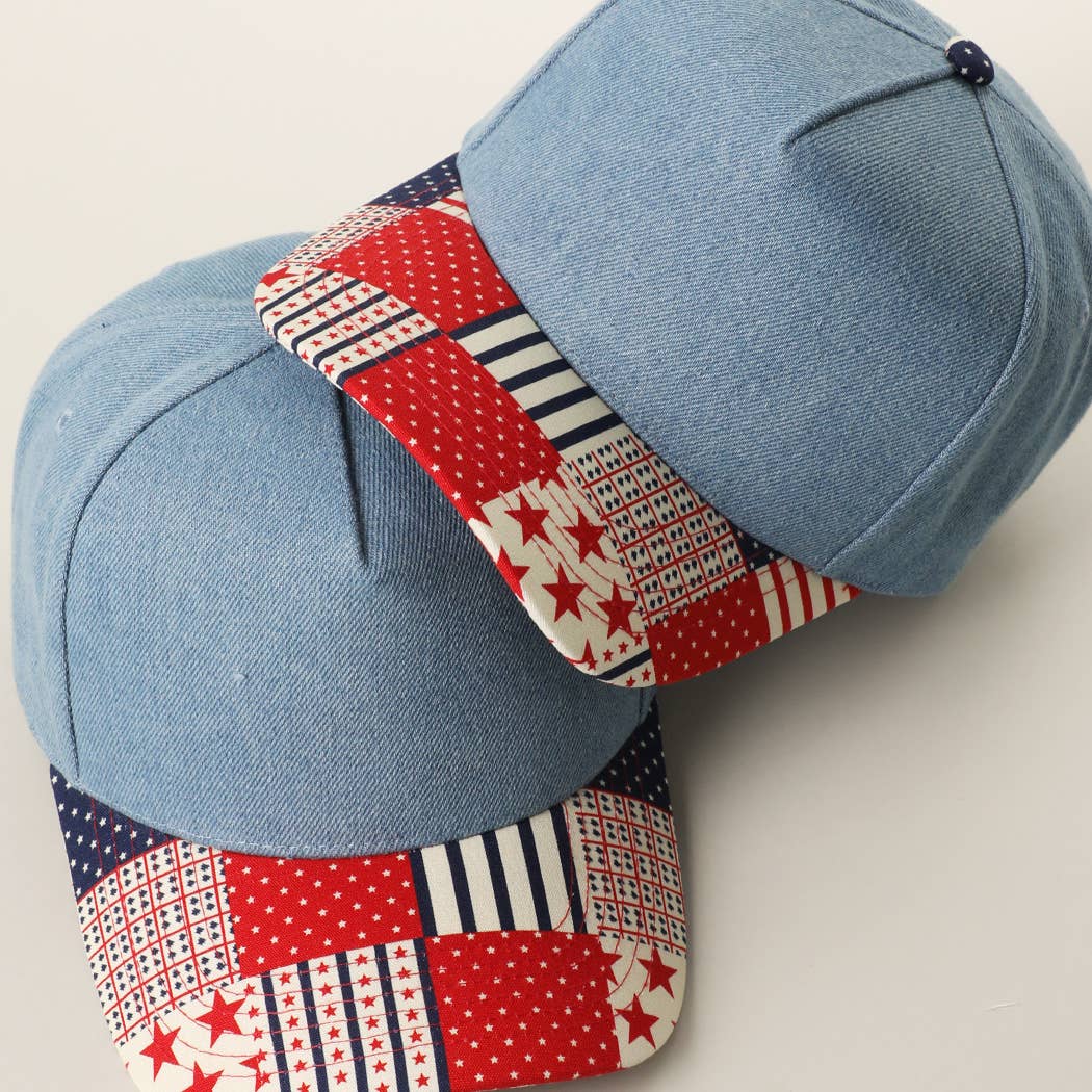 Denim Crown Patchwork USA Flag Print Brim Trucker Hat
