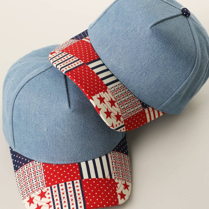 Denim Crown Patchwork USA Flag Print Brim Trucker Hat