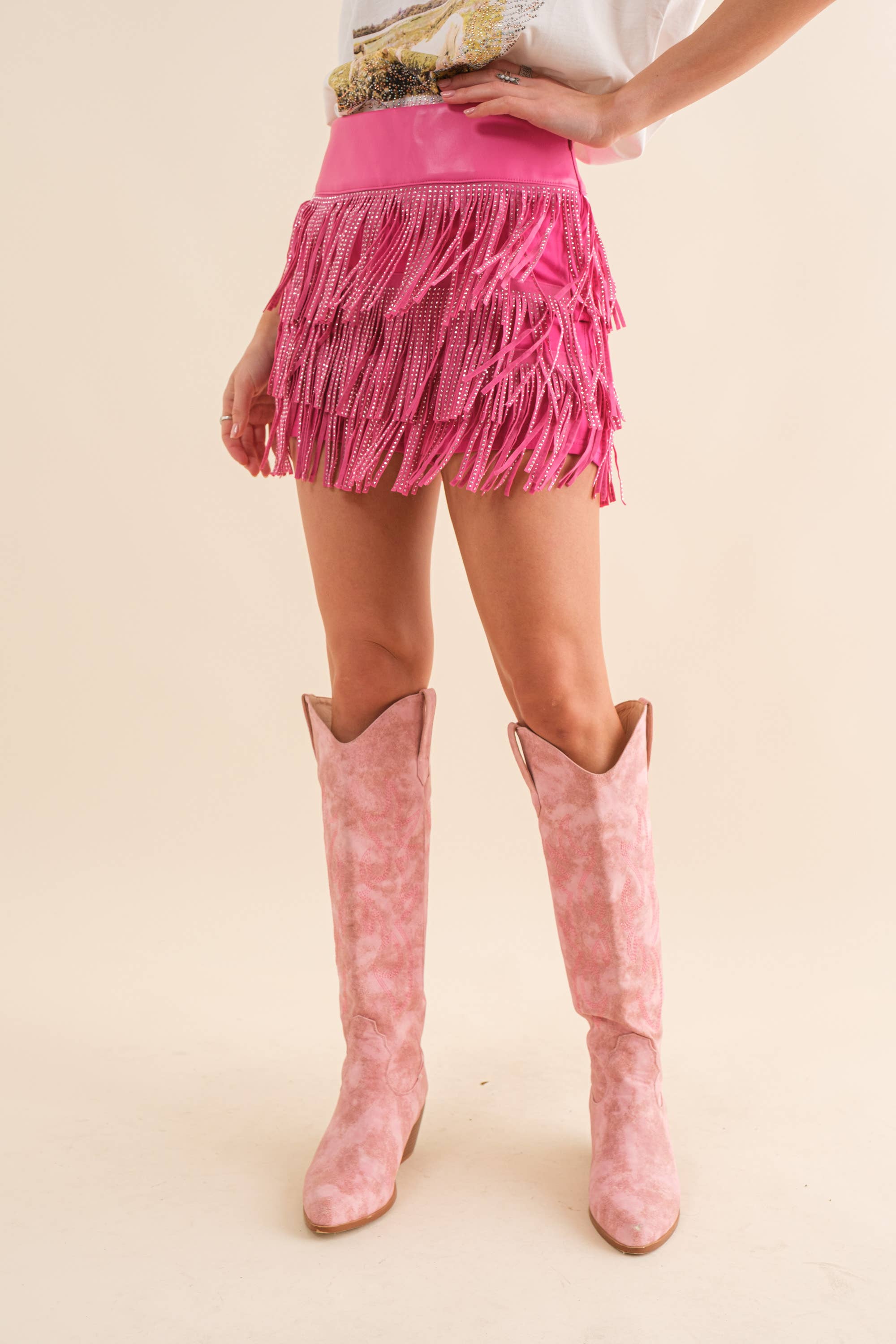 Festival Leather Waist Tiered Fringe Studded Short