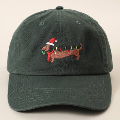 Christmas Dachshund  Embroidered Stone Washed Cotton Dad Cap