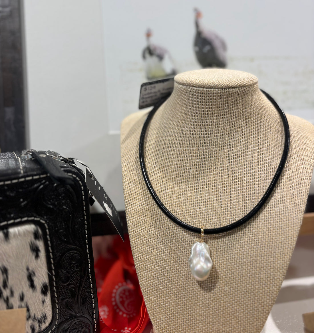 Freshwater Baroque pearl pendant on leather cord 