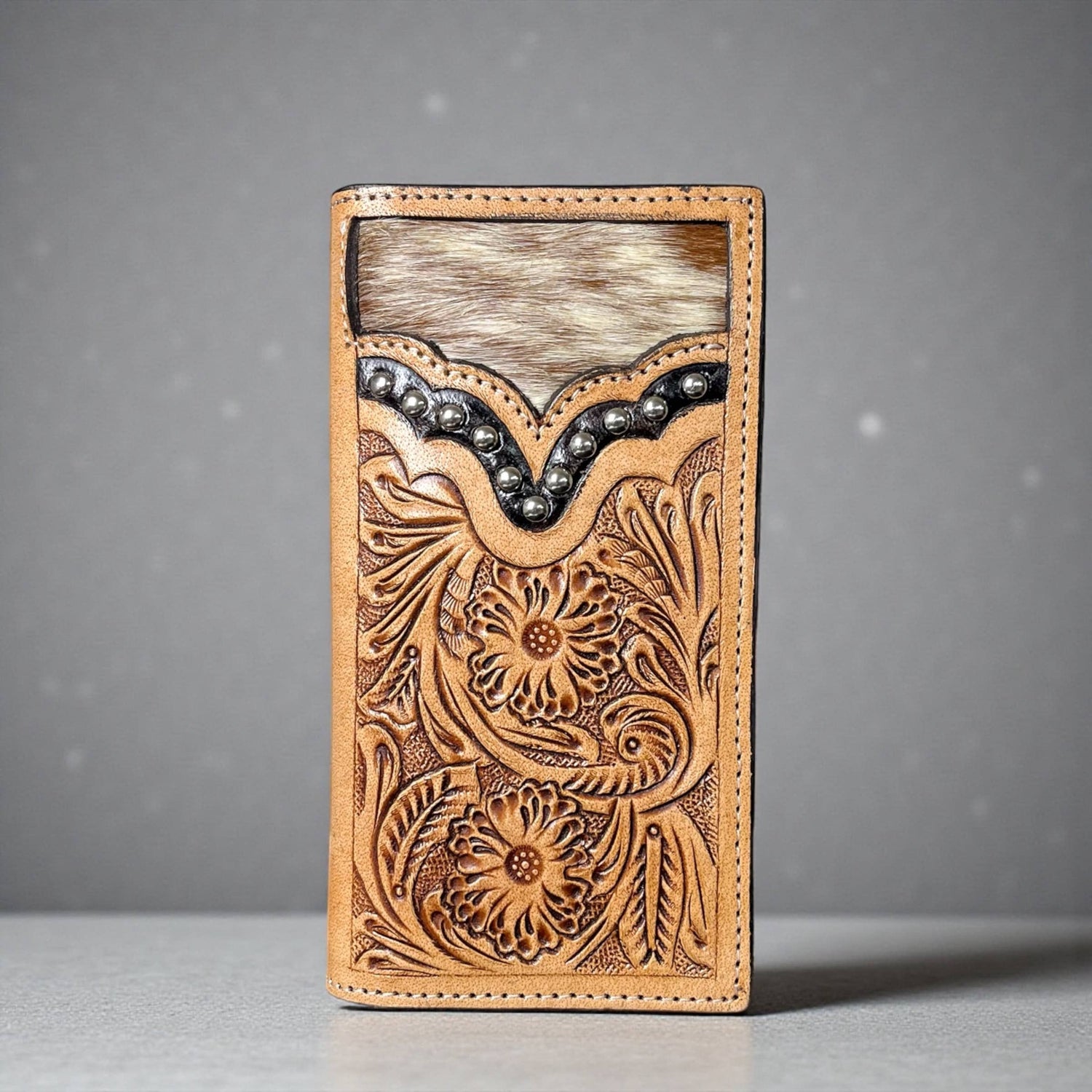 Tooled leather &amp; cowhide men’s wallet 