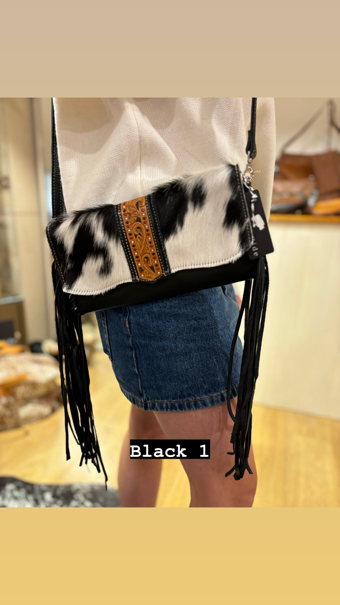 Hand Painted Tooling Leather Flap Cowhide Bag With Fringes – AB74