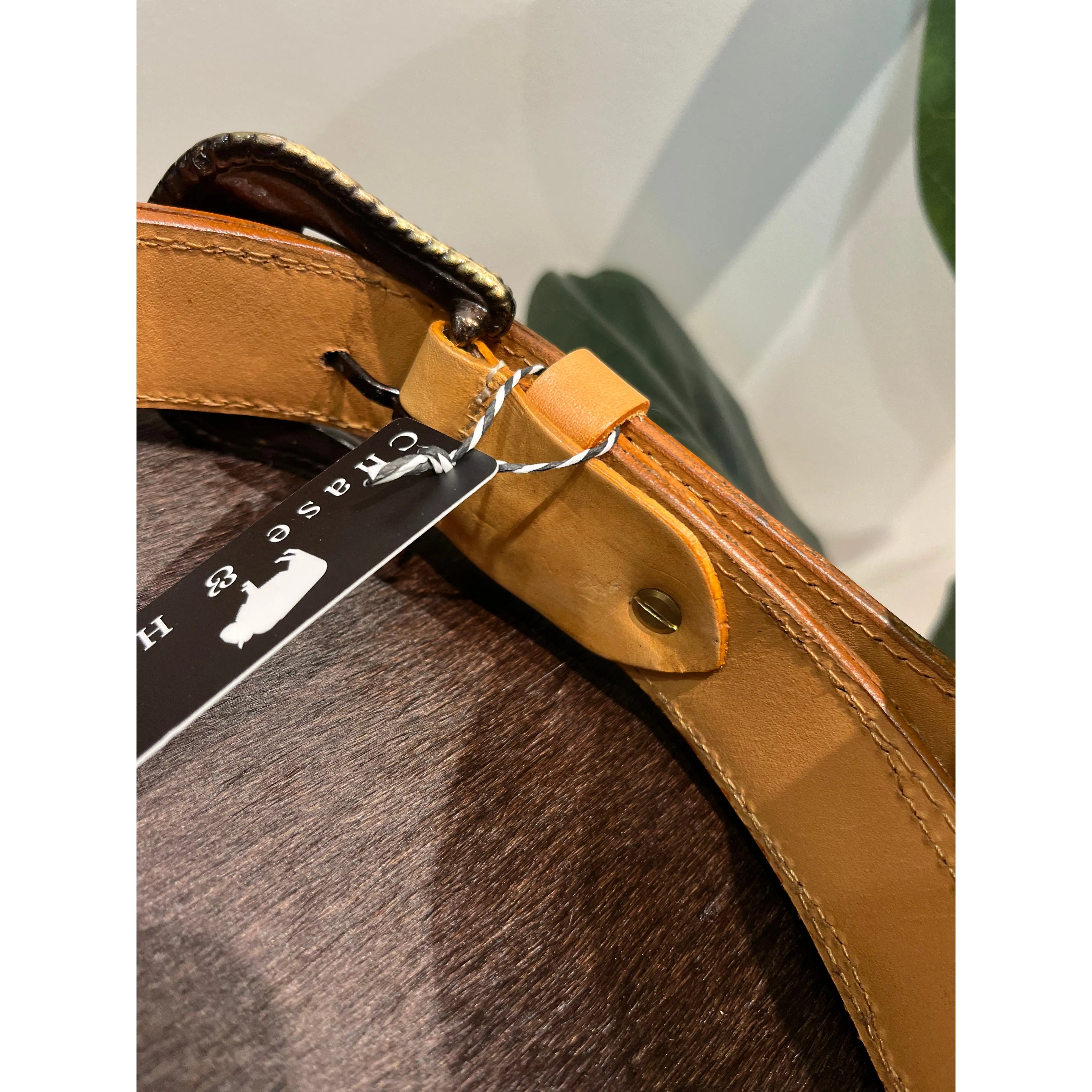 Tan Tooled Leather and Hide Belt 