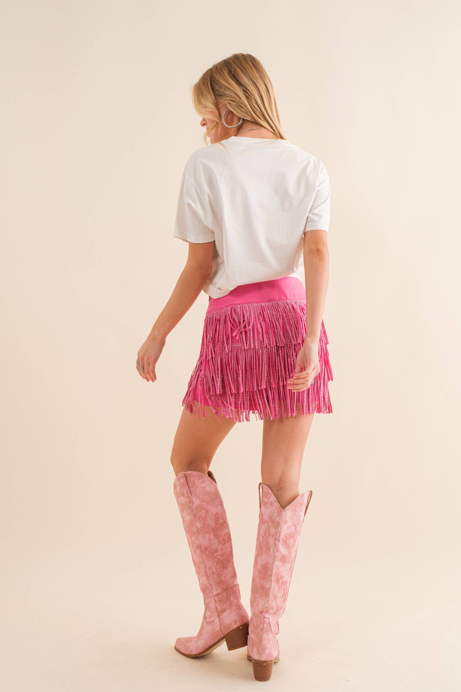 Festival Leather Waist Tiered Fringe Studded Short