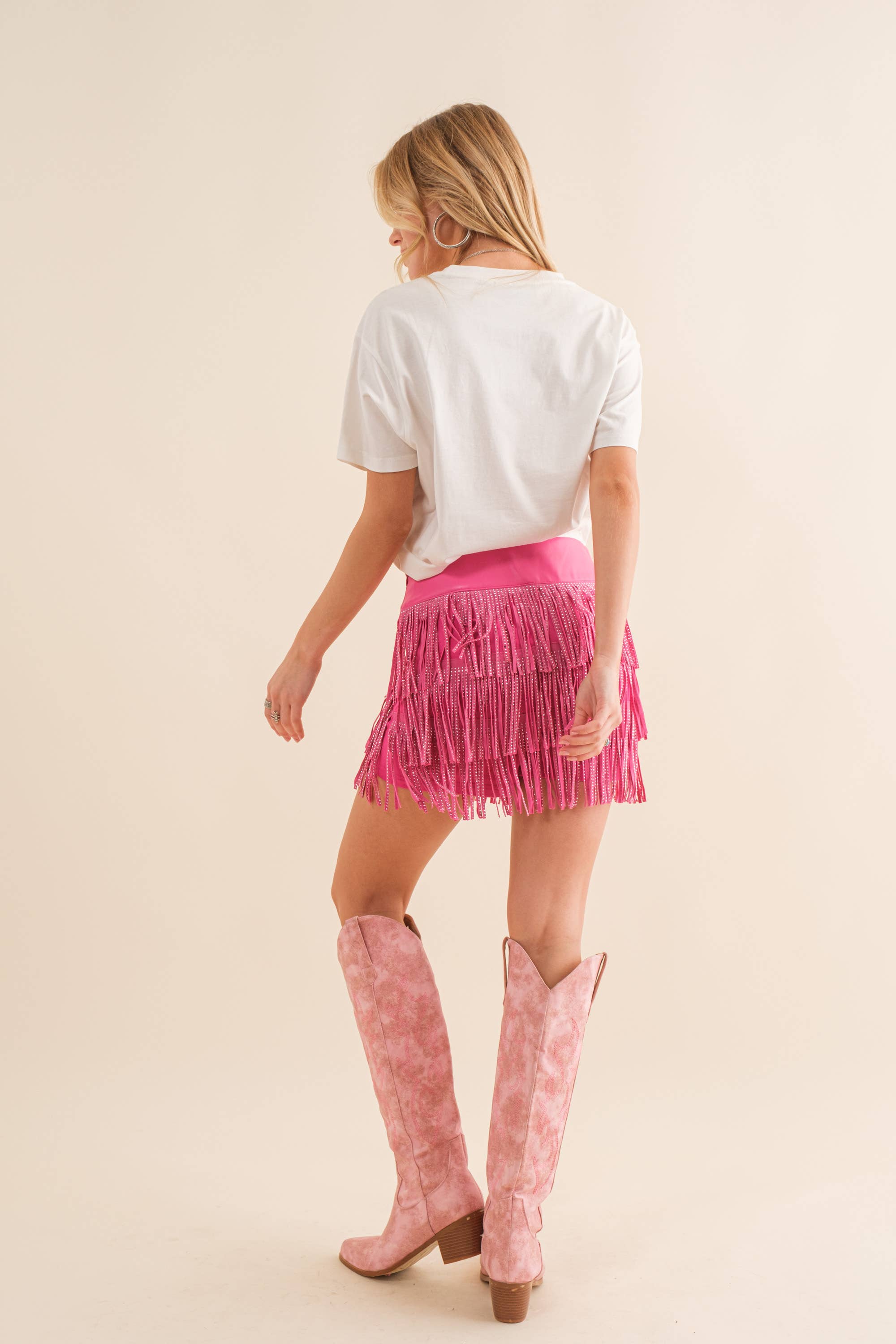 Festival Leather Waist Tiered Fringe Studded Short