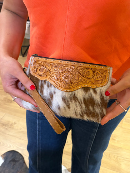 Mia Hide &amp; Tooled Leather Clutch 