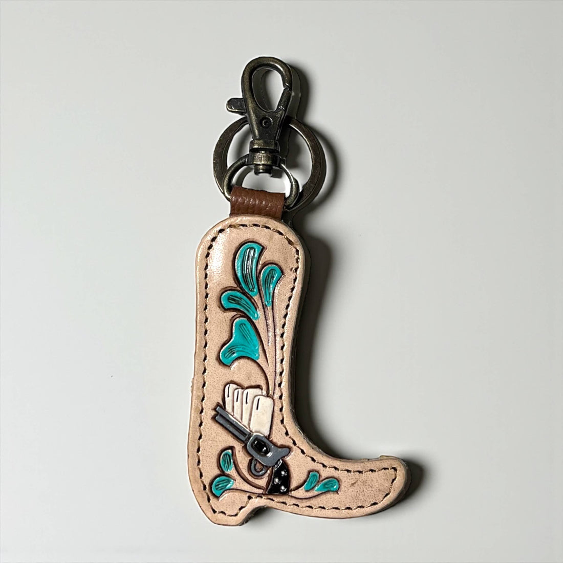 Cowgirl tooled leather & cowhide keychain