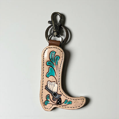 Cowgirl tooled leather &amp; cowhide keychain 