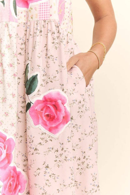 Rose Patchwork Print Ruffle Hem Trapeze Midi Dress