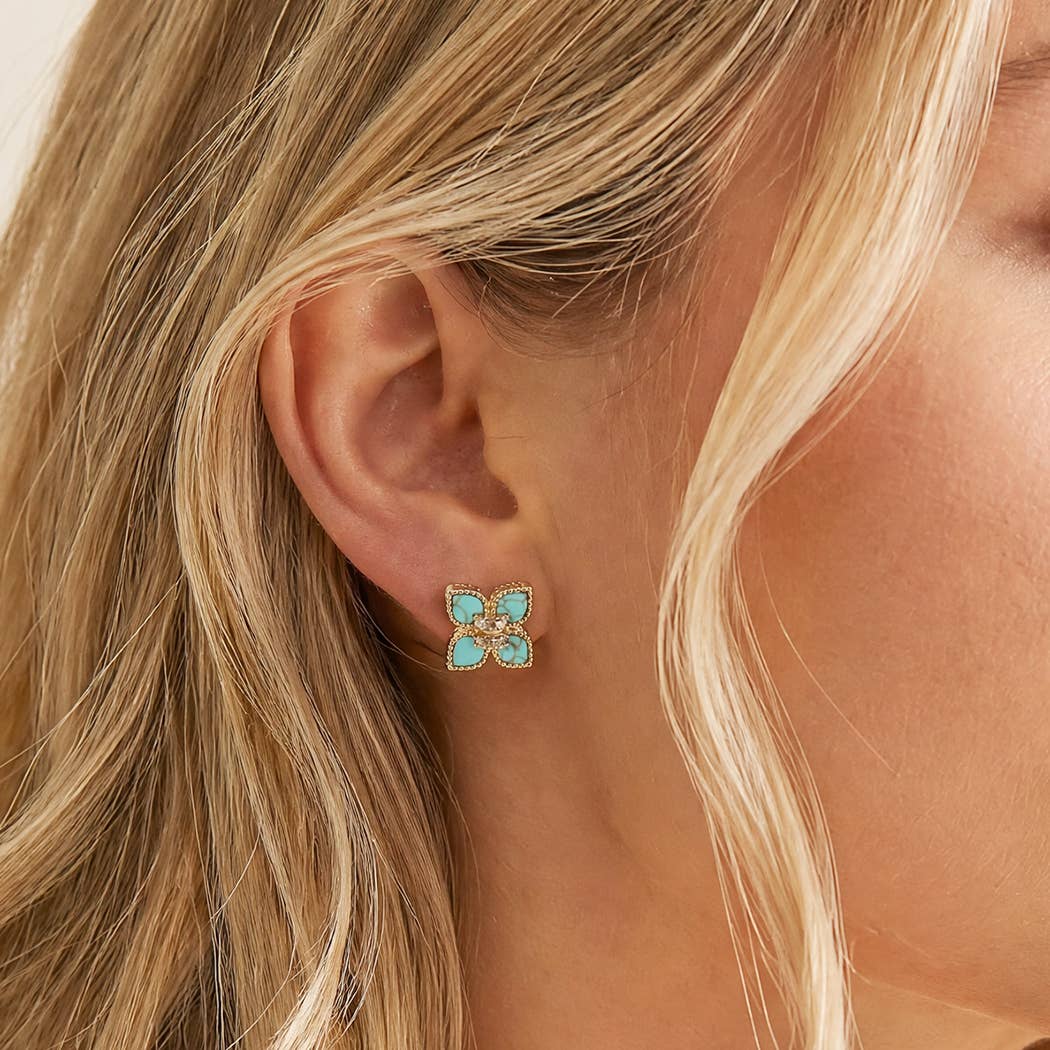 Gold Turquoise Clover CZ Pave Earrings