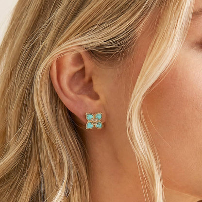 Gold Turquoise Clover CZ Pave Earrings