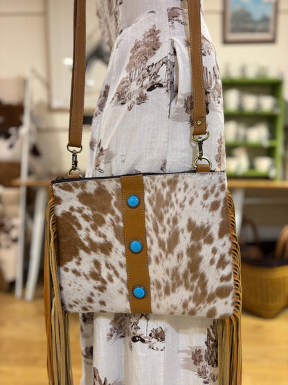 Cowhide Clutch Bag With Turquoise Stonework and Fringes – AB76