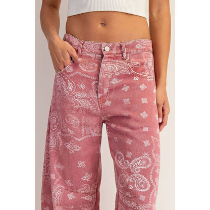 JEANS MINERAL WASHED PAISLEY PRINTED BARREL JEANS