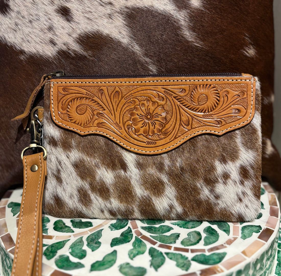 Mia Hide &amp; tooled leather clutch 