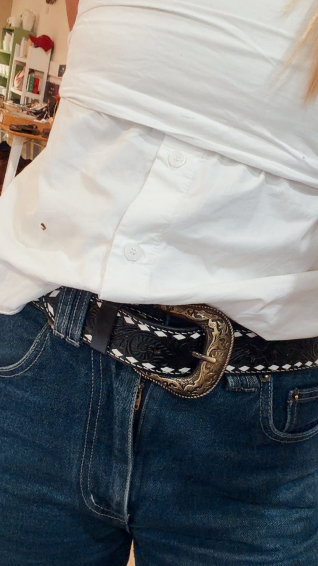 Black stitched tooling leather belt