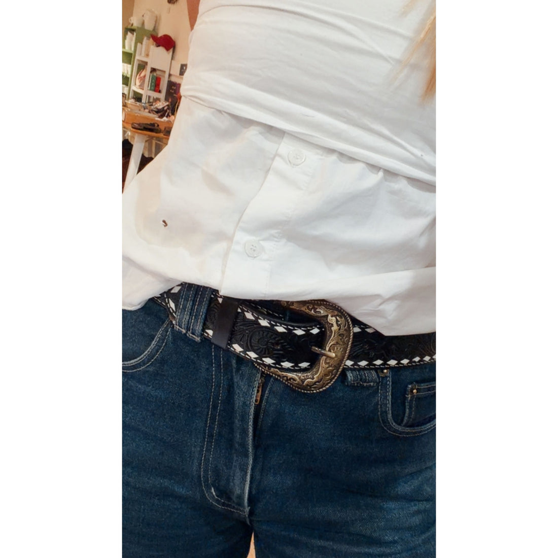 Black stitched tooling leather belt