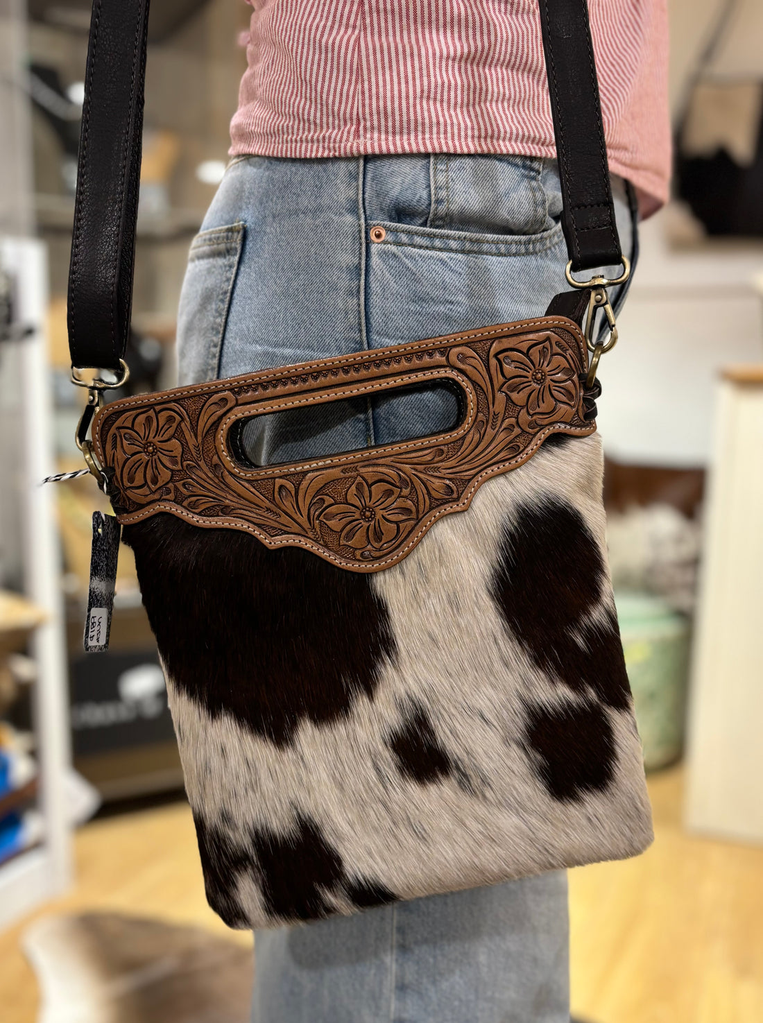 Sundance hide &amp; tooled leather handbag 